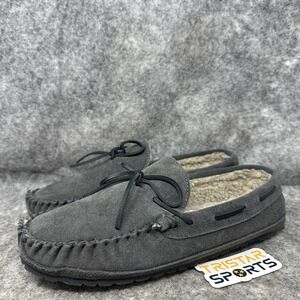 Minnetonka Casey Moccasin Slippers Mens Size 12 Gray Suede Faux Fur Lined 4150